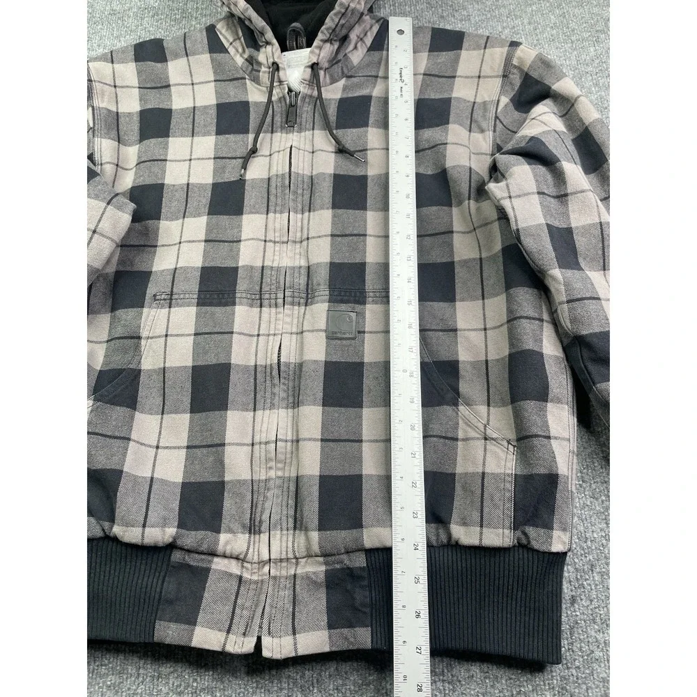 Carhartt Jacket Mens L Grey Plaid J260‎ SMK Hooded Quilted Flannel Work Coat